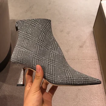 

Pointed High Heels Ankle Boots Female Spring Autumn Leather Boots High Heels Zipper Black Booties Silver Mix Color Women Shoes