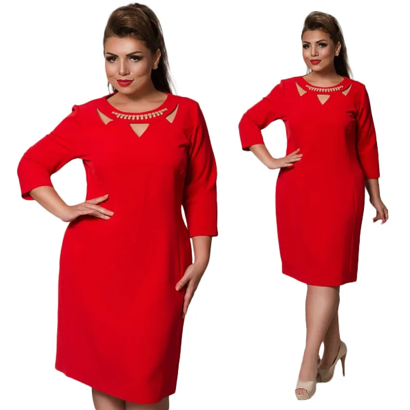 Женская одежда для работы осень плюс размер OL Jurk Midi Vestidos выдалбливают бисером женское шикарное офисное платье 6XL 5XL AF651