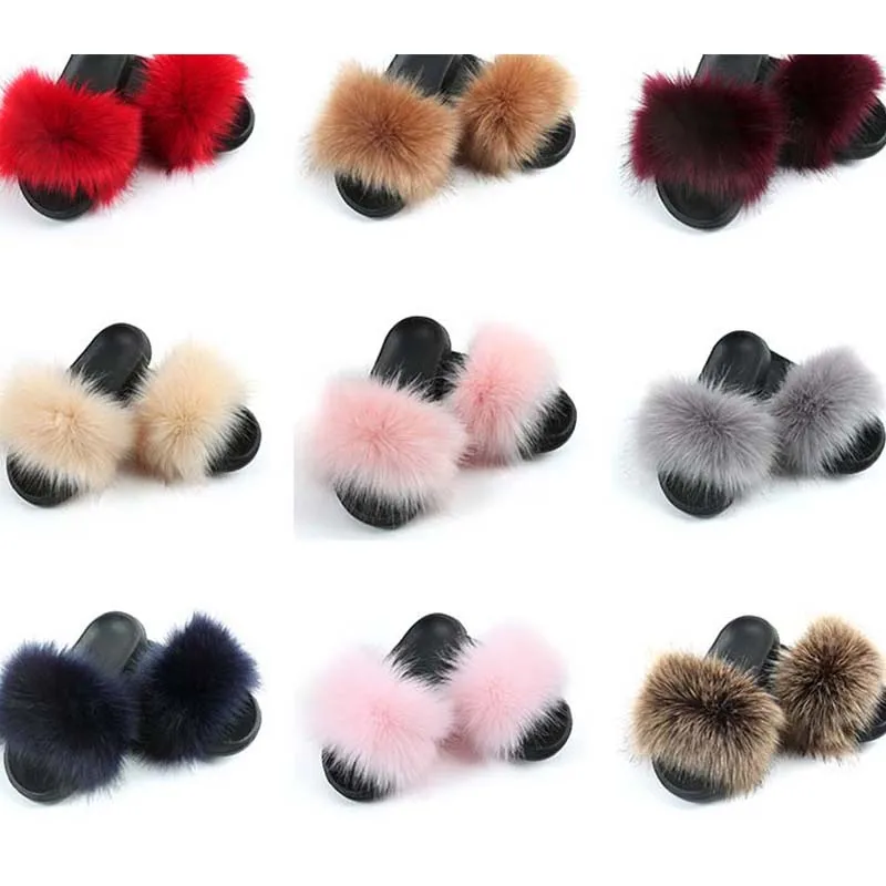 

Lady Colorful Fake Fox Fur Slides Vogue Fluffy Slippers Plush Faux Fox Hair Slides Furry Flip Flops Women's Outside Sandals