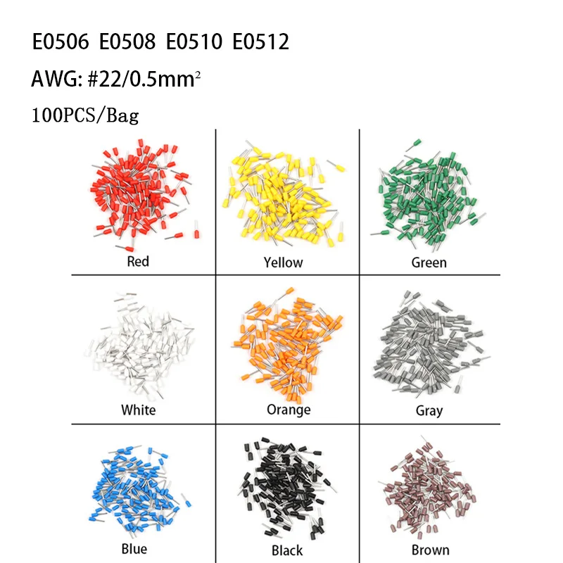 

100pcs E0506/E0508/E0510/E0512 DIY YOU Crimp Terminator Insulated Ferrules Terminal Block Cord End Wire Connector 0.5mm²AWG