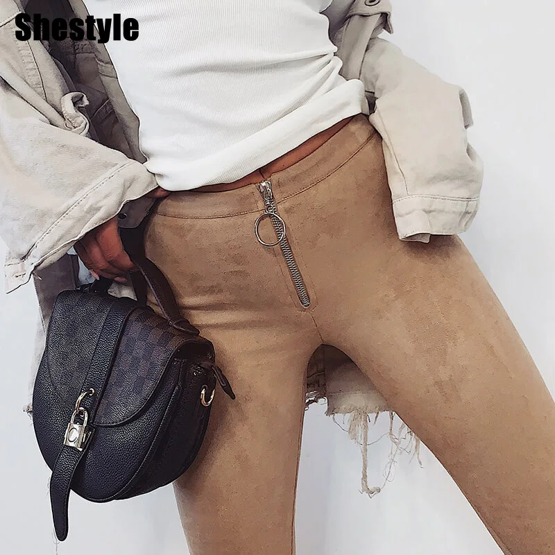 

Shestyle Suede Zip Pencil Work Pant Women Office Lady Spring Autumn Skinny Middle Waist Slim Trousers Ring Casual Black Pants