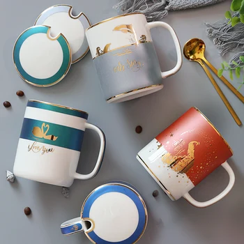 

Creative Coffee Ceramic Mug Nordic Spoon Print Gold Reusable Mug Porcelain Stirring Filizanka Do Kawy Nordic Style Mug KK60MK