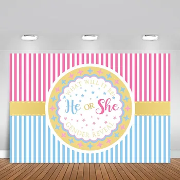 

Vinyl Photography Backgrounds Baby Shower Boy or Girl Gender Reveal Party Bithday Bulw Pink Stripes Decor Backdrop Photo Studio