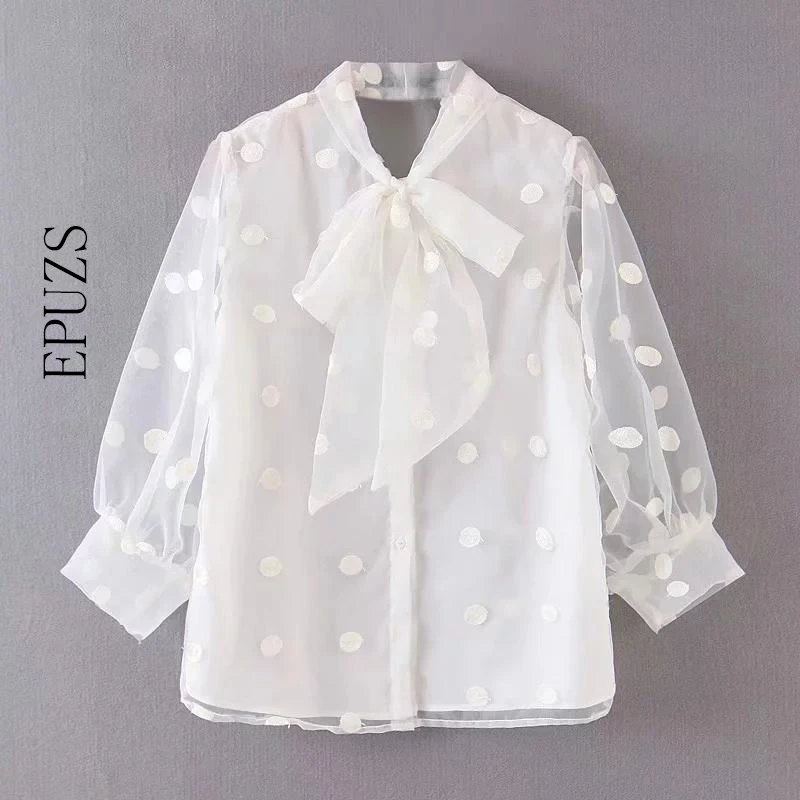 

2019 Sexy elegant dot white blouse women shirt summer womens blouse korean clothes casual long sleeve blouse blusas