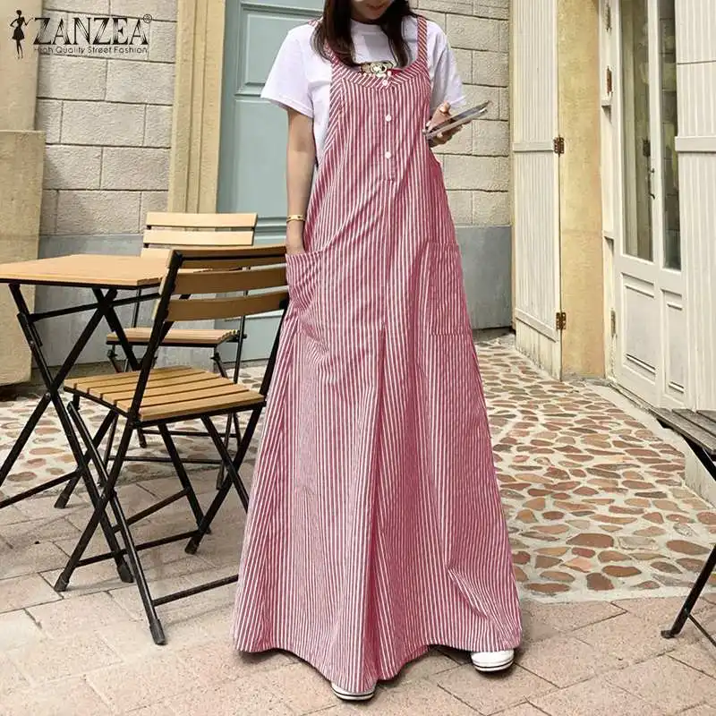2023 ZANZEA Casual Wide Leg Pants Vintage Striped Jumpsuits Women's Summer Overalls Female Long Pantalon Palazzo Oversize Romper