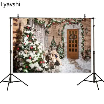 

Lyavshi photographic backdrop path door winter house Christmas decor trees snow garlands wood brick New Year lights background