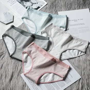 

Ladies Cotton Striped Printed Underwear Elastic Mid-waist Girl Cute Breathable Briefs Soft Comfortable Skin-friendly Underpants