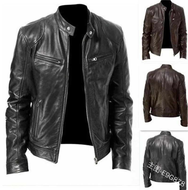 Winter business gentleman warm zipper cardigan pocket plus velvet PU leather jacket stand collar slim leather jacket men