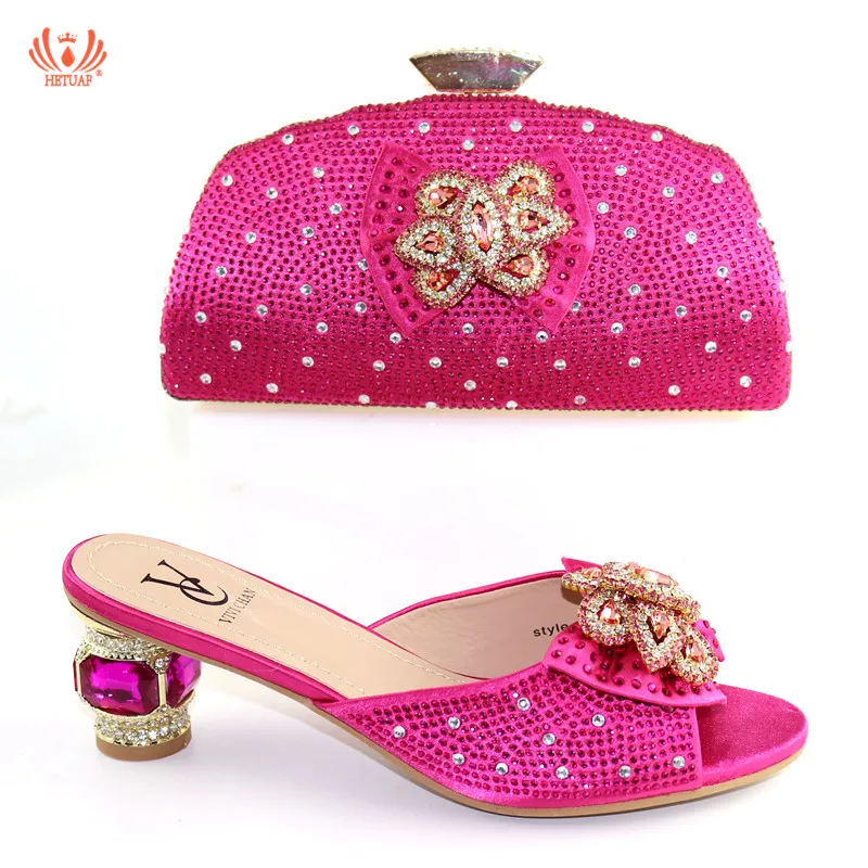 

New Fuchsia Color Italian Ladies Sexy Shoe And Bag Set Rhinestones Design Ladies African Sandal Shoes And Bags Sets for Wedding