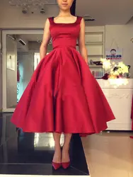 Короткое красное платье для выпускного вечера, атласное платье длиной до середины икры с квадратным вырезом на спине и большим бантом на