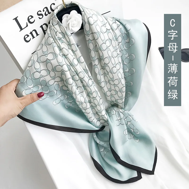 c letter mint green YHFJ9090CZMH Новая мода 90 см квадратные шарфы весна и осень зима солнцезащитный платок шелковый шарф - Цвет: c letter mint green