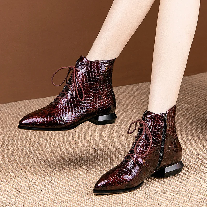 

2020 Spring Low Heel Pointed Embossed Leather Boots Lace-up Martin Boots Oversized 40-50 Women's Shoes