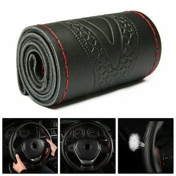 

Brand New And High Quality Black Leather+Red Thread DIY Set 38cm Car Auto Steering Wheel Cover Decor