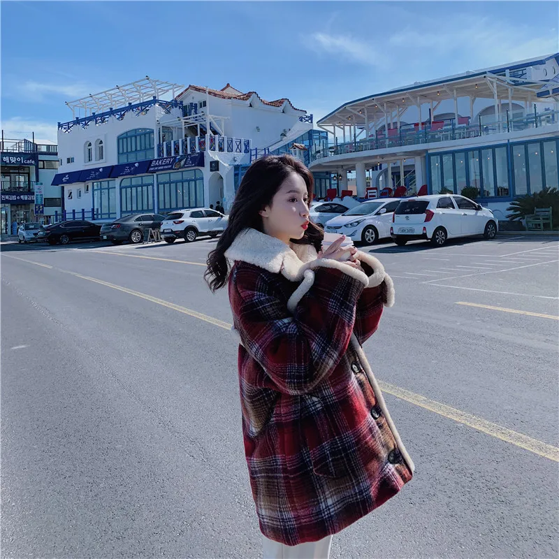 

Photo Shoot 2018 Winter New Style Korean-style Slim Fit Versatile Lambs Wool Plaid Oversize Cotton Coat Women's