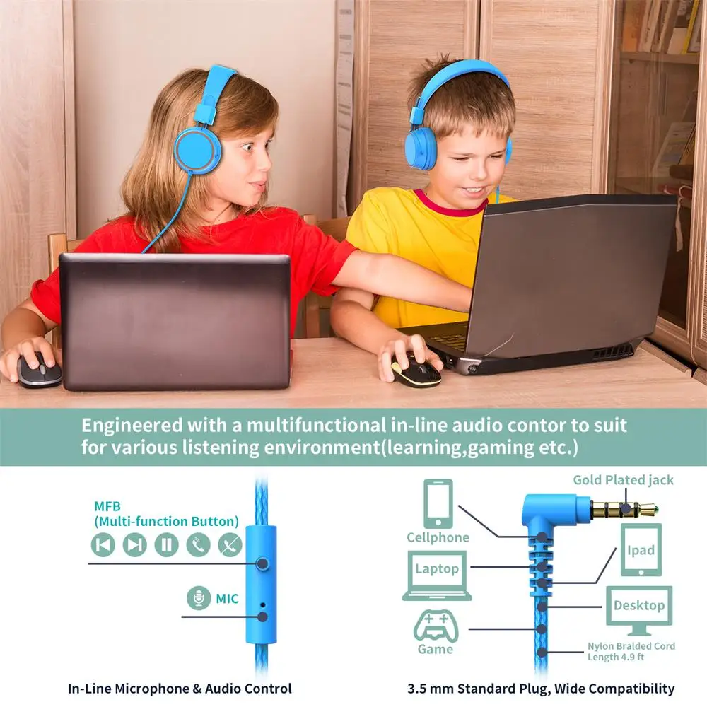 Kids Headphones Foldable Wired On Ear Headsets Safety Volume Limited Comfortable Durable Earphones for Children Boys Girls