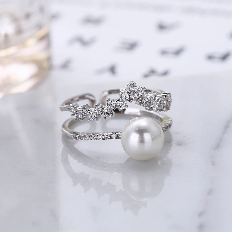 Серебряный цвет, двойные кольца, наборы для женщин, Роскошные AAA циркониевые камни с жемчугом, обручальное женское кольцо в виде короны, XIUMEIYIZU