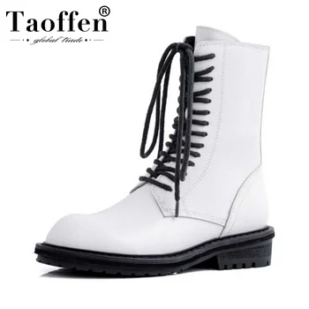 

Taoffen Women Real Leather Zipper Motorcycle Boots Flats Casual Round Toe Simple Ankle Boots Daily Shoes Woman Size 34-39