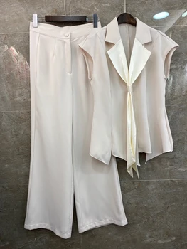 

2020 Spring and Summer New Women's Lapel Collar Tie Knot Decorative Neckline Sleeveless Shirt Trousers in 416