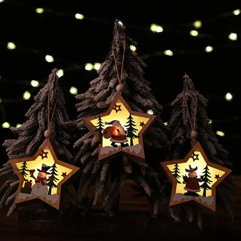 Деревянный пятиугольник кулон Рождественская елка звезда светодиодный Сказочный светильник Орнамент Ремесло Рождественская елка украшение светодиодный светильник