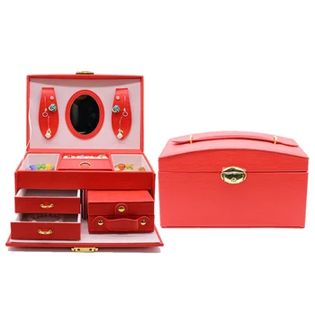 

Home Jewelry Boxes and Packaging Necklace Ring Bracelet Lipstick Earring Storage Case Organizer Faux Leather with Mirror