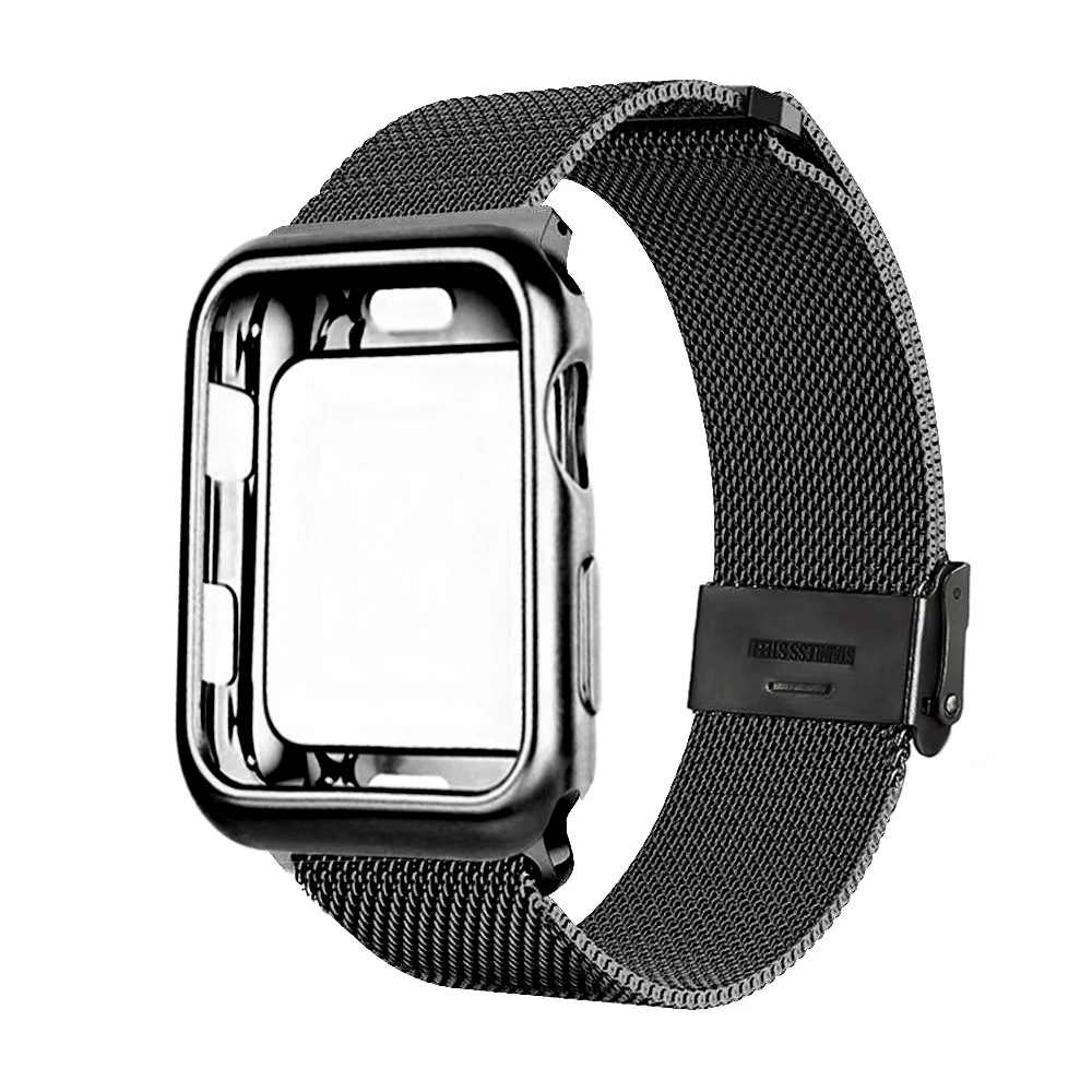 Миланская петля ремешок+ чехол с магнитной пряжкой для Apple watch 42 мм 38 мм 40 мм 44 мм браслет ремешок подходит для iwatch серии 5 4 3 2 1 - Цвет ремешка: Black