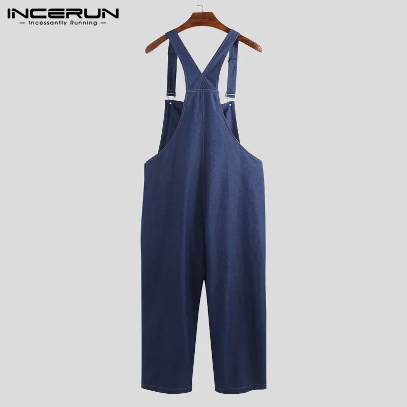INCERUN Fashion Men Denim Jumpsuits Joggers Casual Solid Rompers Strap Suspenders Streetwear Trousers Cowboy Men Overalls S-5XL