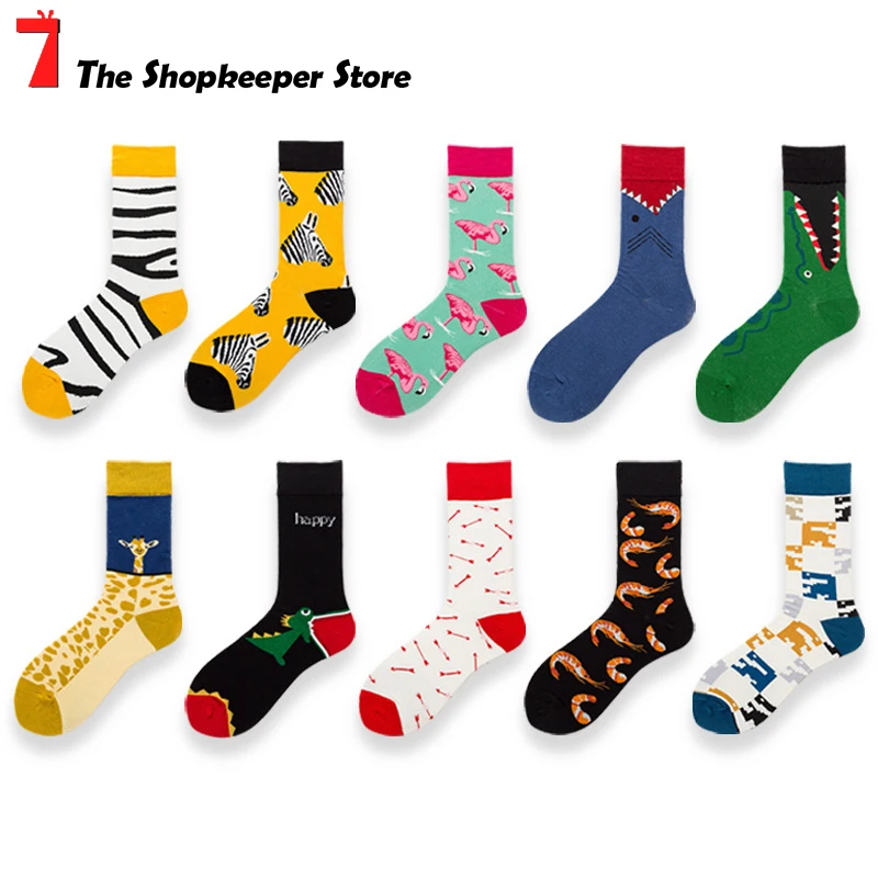

2020 Hip Hop Happy Socks For Men Creative Funny Cartoon Crocodile Lobster Mosaic Dinosaur Giraffe Pattern Cotton Socks Unisex