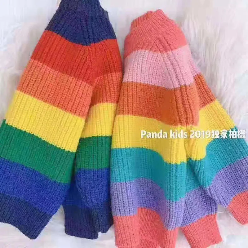 

Where Mom Korean Style Childrenswear Girls BOY'S Autumn And Winter Korean-style Small CHILDREN'S Baby Rainbow Stripes Sweater