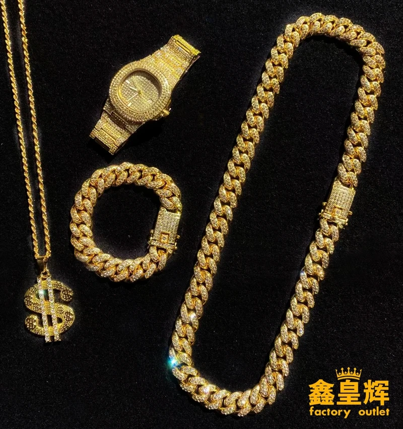 Мужские роскошные золотые часы ожерелье Доллар Кулон Браслет комбинированный