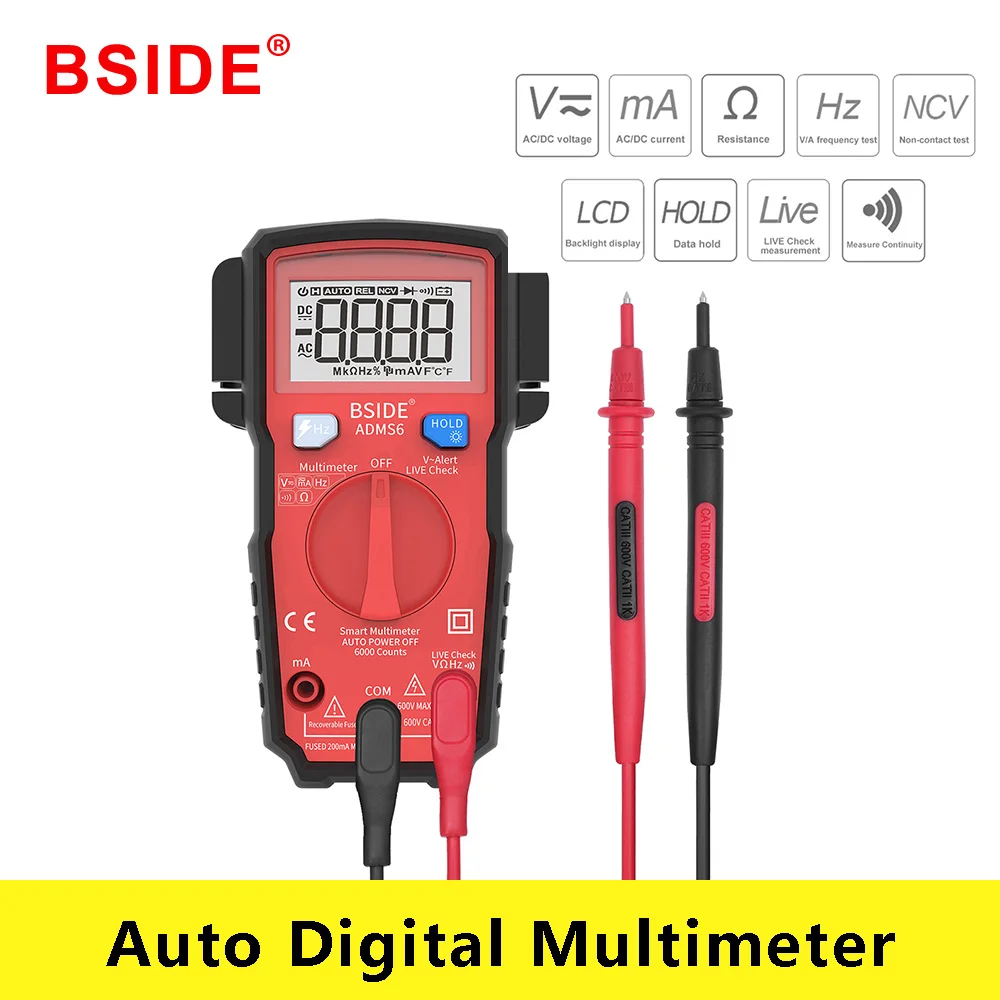 

BSIDE ADMS6 Mini Smart Digital Multimeter Intelligent Auto Range 6000 Counts DMM Automatic ohm Hz V-Alert NCV Pocket Tester