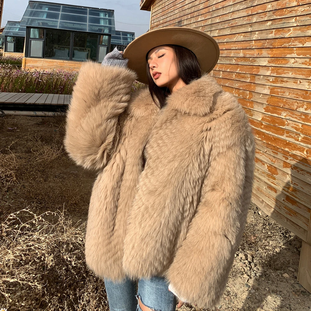 2022 New Women Real Fox Fur Jacket With Lapel Collar Genuine Leather Natural Fox Fur Coat Winter Fashion Thick Warm Fur Overcoat fashion real silver fox fur jacket with hood thick warm woman winter fur overcoat luxury genuine full pelt fox fur coats female