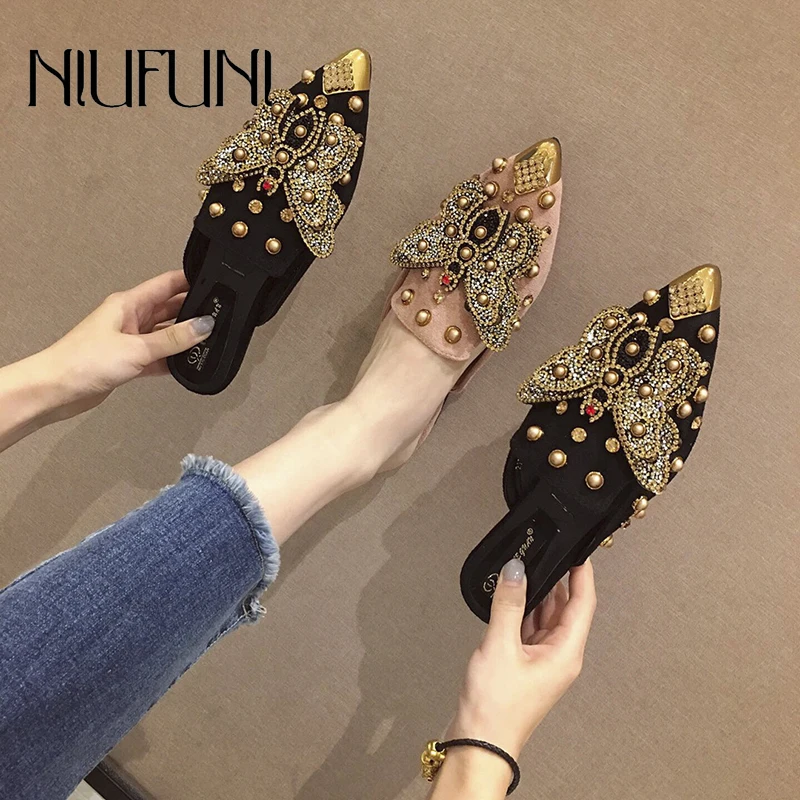 

Pointed Rhinestone Rivet Butterfly Totem Women's Flats Slippers Slip On Low Heel Mules Loafer Flat Slides Sandals Beach Shoe
