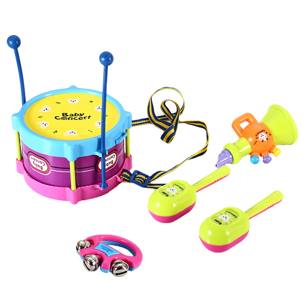 5 Pieces Drum Drumsticks Maracas Rattles Trumpet Kids/Baby Developmental Musical Instrument Toy Playset