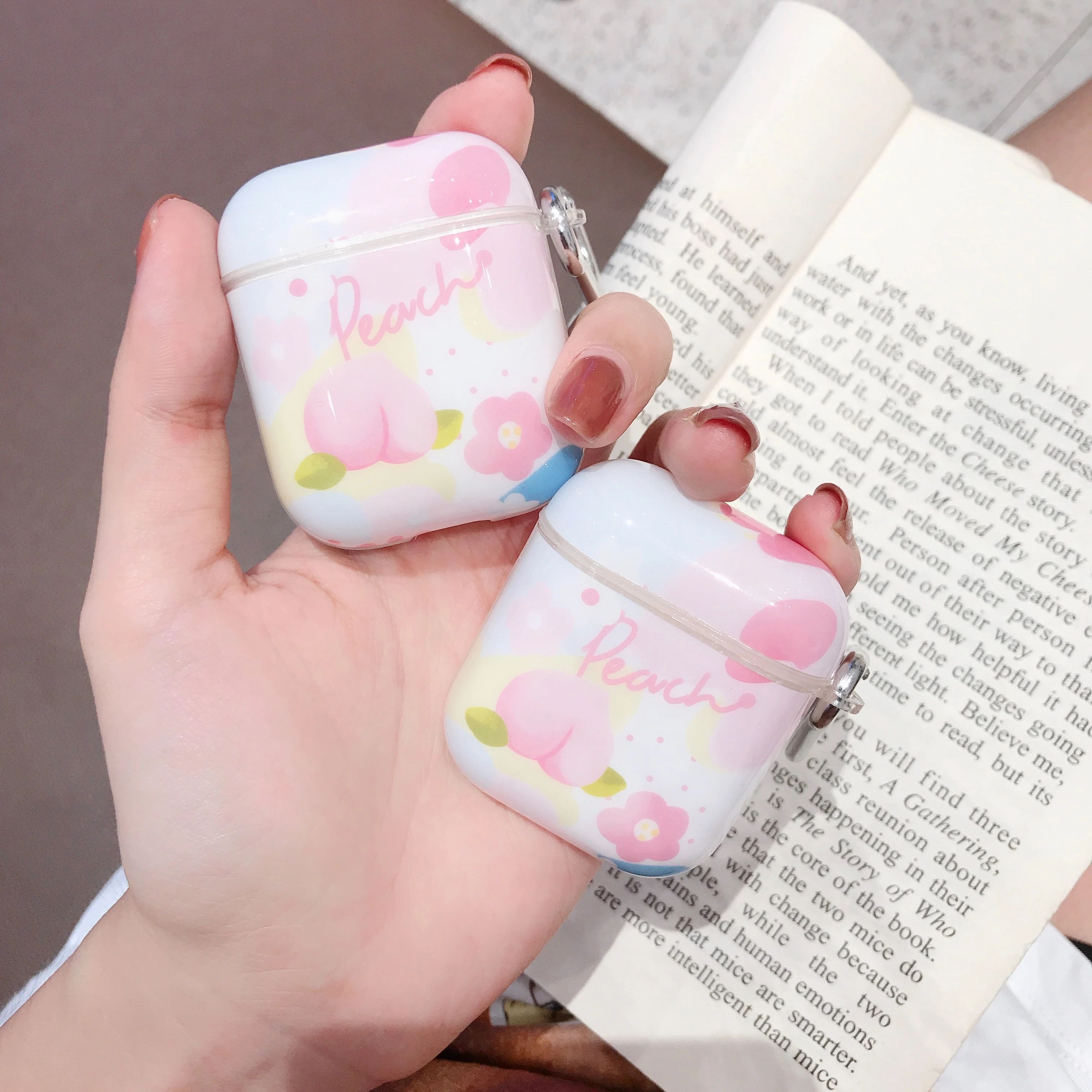 

Bluetooth soft silicon Shell Earphone Case For AirPods 1 2 Protective Cover Cartoon peach pattern For Airpods Charging Box