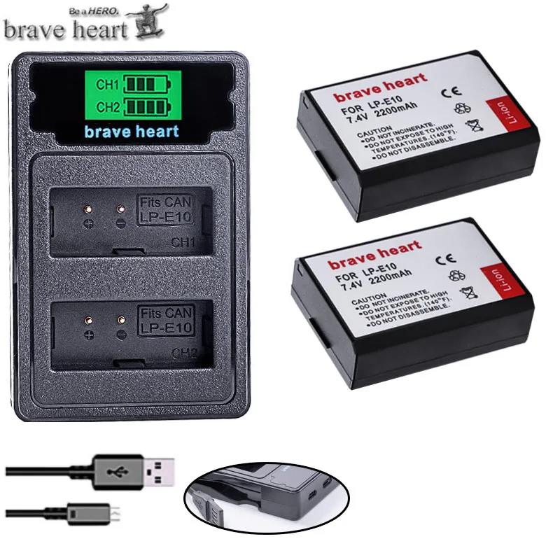 charger and 2battery 2x bateria LP-E10 2200 мА/ч, LP E10 LPE10 Камера Батарея для Canon 1100D 1200D Rebel T3 T5 поцелуй X50 X70 - Цвет: charger and 2battery