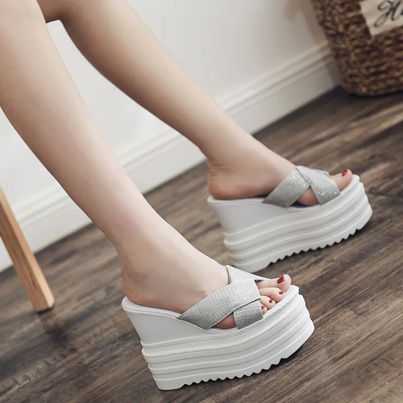 

Open Toe Outside High Women High Heel Slippers Casual Summer Slip-On Slides Classics Fashion Bling Women Shoes