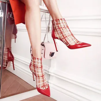 

New Shoes Woman Multicolored Leather Boots Hollow-Out Pointed Toe Stiletto High Heels Sandal Booties Women Gladiator Ankle Boots