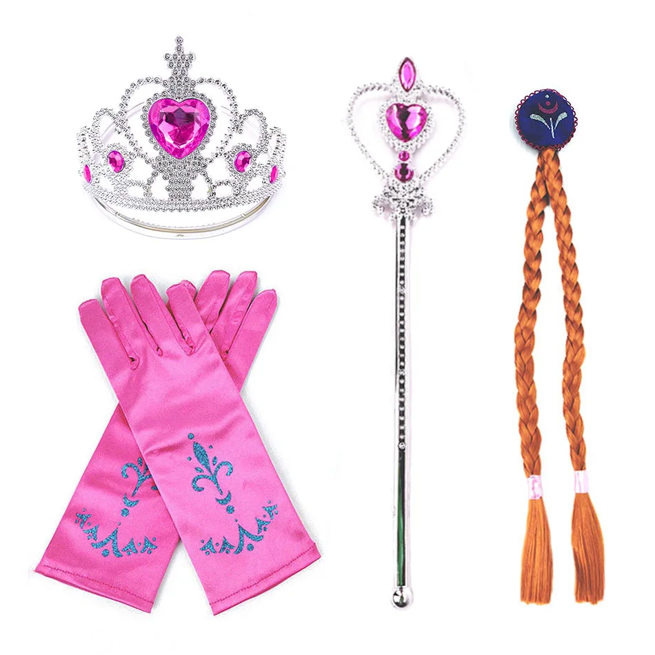 5-8 Pcs Set Elsa Anna Costume Blue Rose Yellow Pink Color Princess Accessories Crown Magic Wand Gloves Braid Halloween Dress Up 5