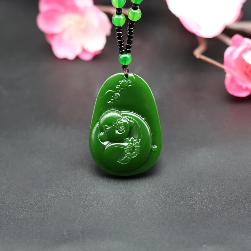 

Chinese Natural Green Jade Maitreya Buddha Pendant Necklace Hand-Carved Jadeite Charm Jewelry Fashion Amulet for Men Women Gifts