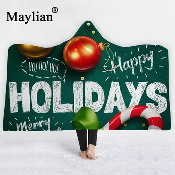 

3D Merry Christmas festival Hooded Blanket Sherpa Fleece Ocean Blue Wearable plush Throw Blanket on Bed Sofa Thick warm B33