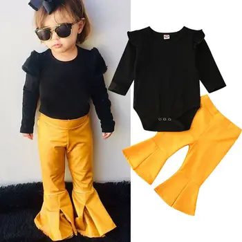 

Toddler Baby Girls Ruffle Long Sleeve Bodysuit Flare Wige Leg Pants 2Pcs Fall Spring Outfits Clothes