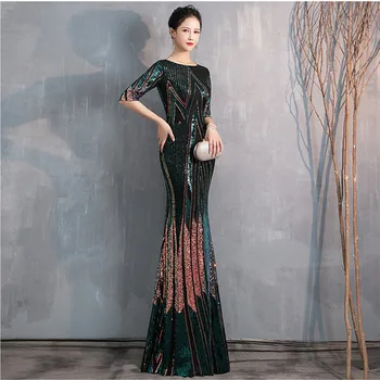 

Green Sequins Fishtail Long Dress Women Evening Party Birthday Fashion Formal Dress Concert Stage Singer Host Show Mermaid Dress