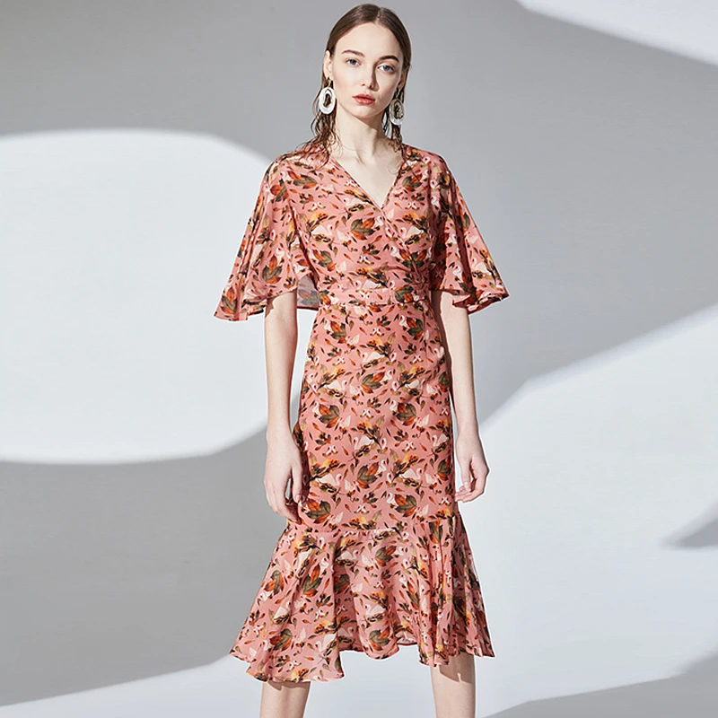 HighQuality100SilkDressWomenFloralPrintVNeckShortSleeve