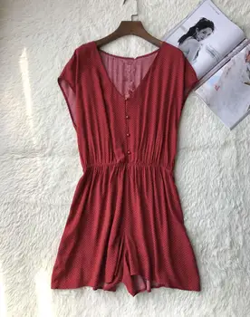 

Women Red Polka Dot Print Sweet Jumpsuit Short Sleeve V Neck Playsuit Romper