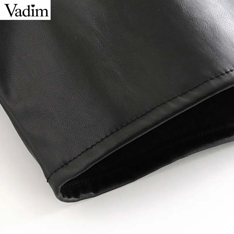 Vadim Женская шикарная черная блузка из искусственной кожи с карманом, украшенная длинным рукавом, рубашка с отложным воротником, женские стильные повседневные топы LB573