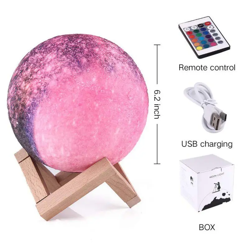 3D Print Star Moon LED Night Light Colorful RGB 16 Colors Remote Control Home Decor Galaxy Lamp