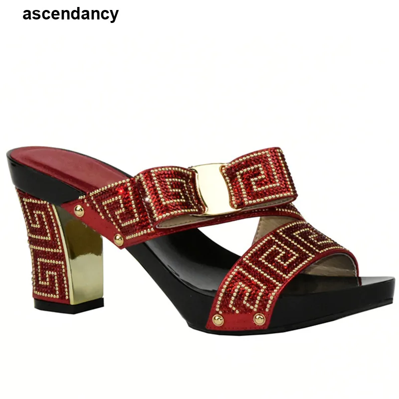 

New Design African Slippers Summer High Heels High Quality African Sandals Heels Pumps Red Color Fashion African Wedding Shoes