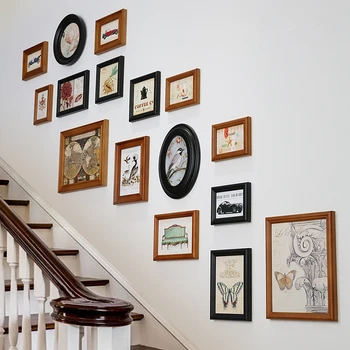 

16pcs Corridor Decor Wall Hanging Photo Frame Set Retro American Style Picture Frame Quality Wooden Photo Frames Combination B