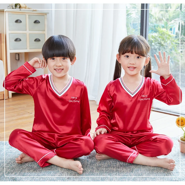 

3-14 years Children Girls Boys Pajamas Set Silk fabric Pajama 2019 Spring Kids home Clothes Nightwear Sleepwear Girl Clothes Set