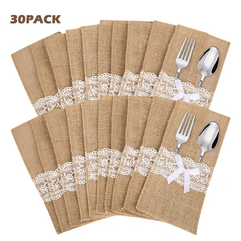

30PCS Natural Jute Burlap Linen Lace Cutlery Holders Rustic Wedding Tableware Supplies Knife Fork Holder Bag Party Wedding Decor